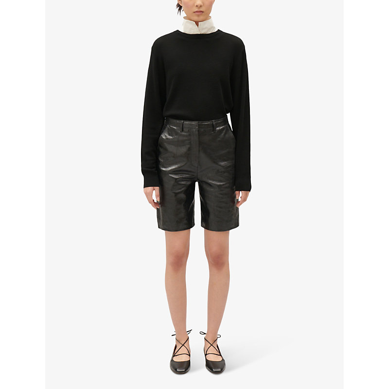 Shop Claudie Pierlot Womens Noir / Gris High-rise Regular-fit Leather Shorts