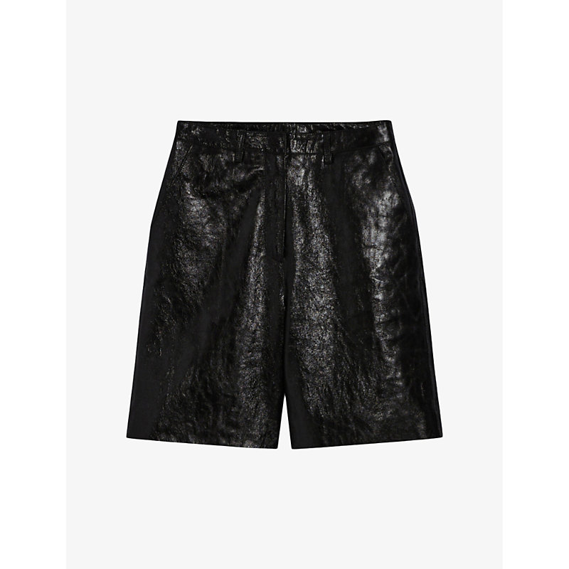 Claudie Pierlot Womens Noir / Gris High-rise Regular-fit Leather Shorts