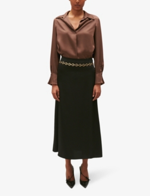 Shop Claudie Pierlot Women's Noir / Gris Sapine High-rise Satin Midi Skirt