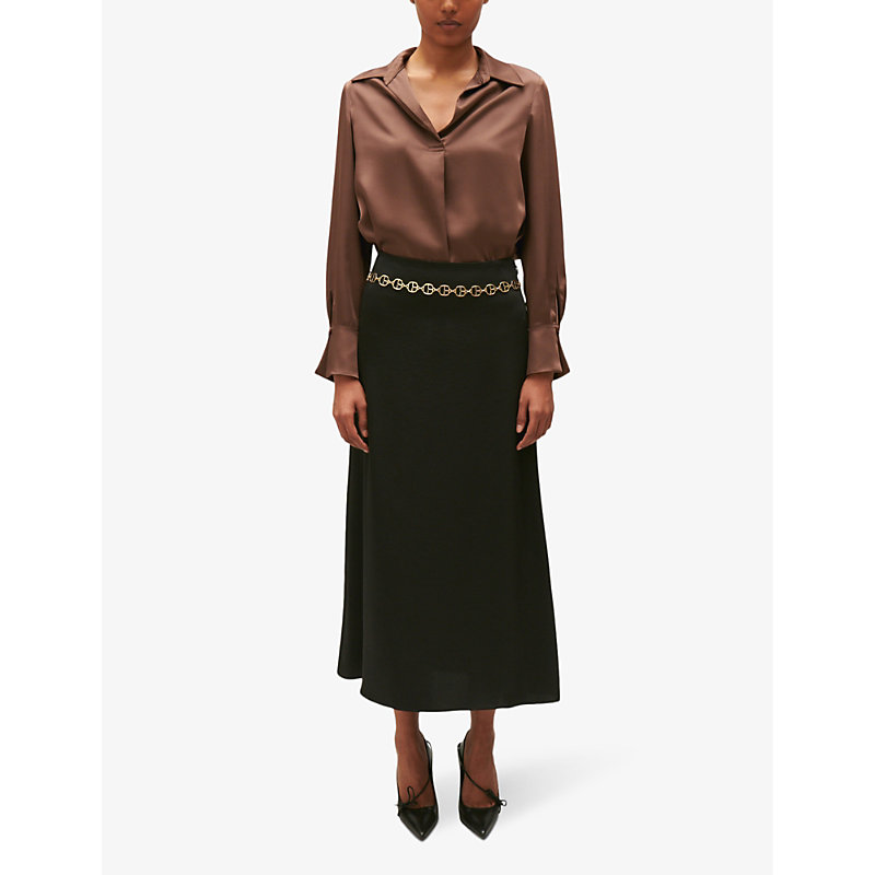 Shop Claudie Pierlot Women's Noir / Gris Sapine High-rise Satin Midi Skirt