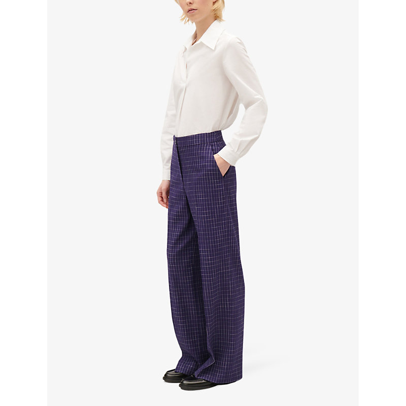 Shop Claudie Pierlot Women's Bleus Checked Straight-leg Stretch-woven Trousers