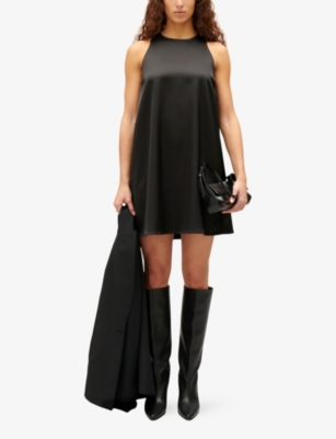 Shop Claudie Pierlot Women's Noir / Gris Round-neck Belted Satin Mini Dress