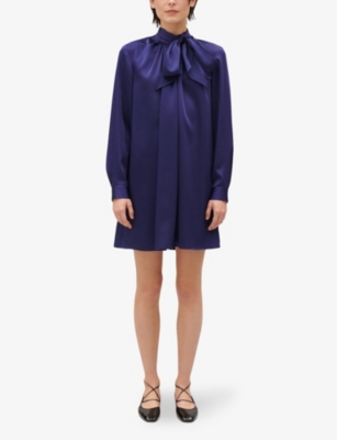 Shop Claudie Pierlot Womens Bleus Tie-neck Long-sleeve Woven Mini Dress