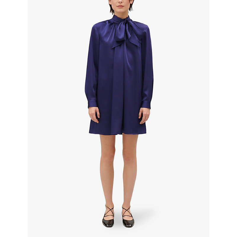Shop Claudie Pierlot Women's Bleus Tie-neck Long-sleeve Woven Mini Dress