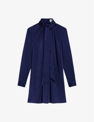 Shop Claudie Pierlot Womens Bleus Tie-neck Long-sleeve Woven Mini Dress