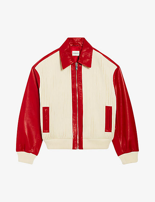 CLAUDIE PIERLOT: Contrast-sleeve ribbed leather and knitted jacket