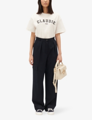 Shop Claudie Pierlot Womens Bleus Marine Patch-pocket Wid-leg High-rise Stretch-woven Trousers