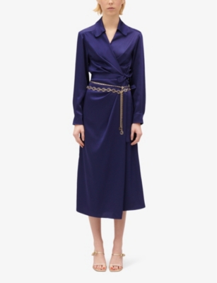 Shop Claudie Pierlot Women's Bleus Collared Belted Woven Midi Dress