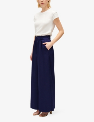Shop Claudie Pierlot Womens Bleus Smocked-waistband Wide-leg Satin Trousers