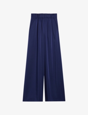 Shop Claudie Pierlot Women's Bleus Smocked-waistband Wide-leg Satin Trousers