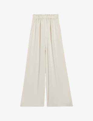 Shop Claudie Pierlot Women's Bruns Smocked-waistband Wide-leg Satin Trousers