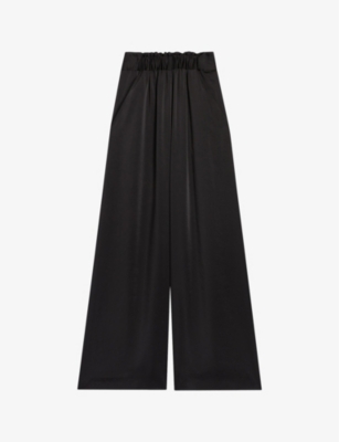 Shop Claudie Pierlot Women's Noir / Gris Smocked-waistband Wide-leg Satin Trousers