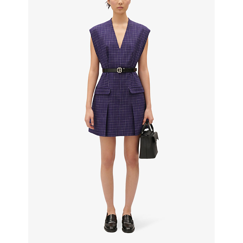 Shop Claudie Pierlot Women's Bleus Check-pattern V-neck Woven Mini Dress