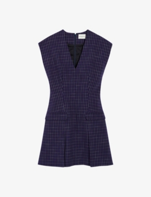 Shop Claudie Pierlot Women's Bleus Check-pattern V-neck Woven Mini Dress