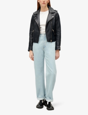 Shop Claudie Pierlot Women's Bleus Slim-fit Zip-pocket Leather Biker Jacket