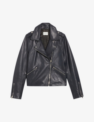 Shop Claudie Pierlot Women's Bleus Slim-fit Zip-pocket Leather Biker Jacket