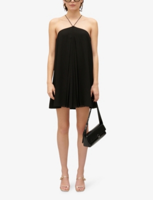 Shop Claudie Pierlot Women's Noir / Gris Pleated Cross-strap Woven Mini Dress