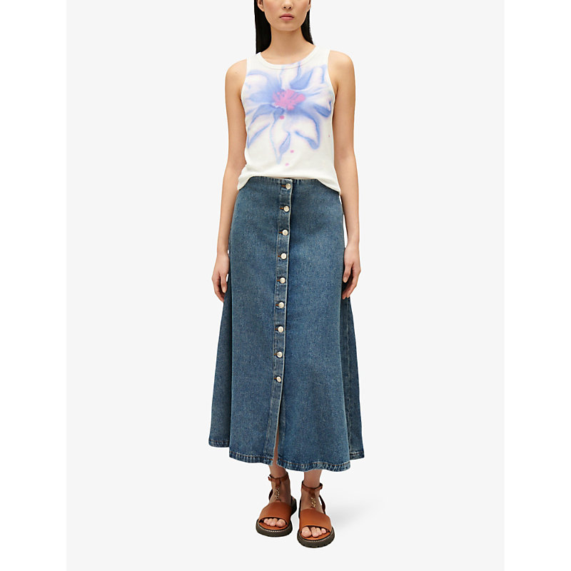 Shop Claudie Pierlot Womens Bleus Button-up Flared Mid-rise Denim Midi Skirt