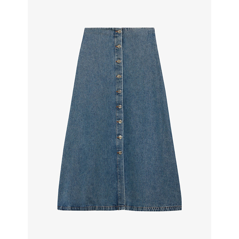 Shop Claudie Pierlot Women's Bleus Button-up Flared Mid-rise Denim Midi Skirt