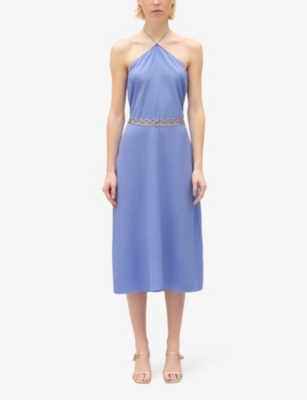 Shop Claudie Pierlot Women's Bleus Halter Neck-tie Woven Midi Dress
