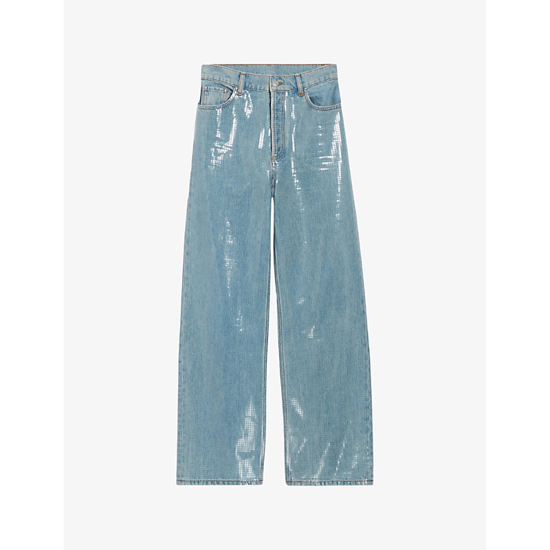 Shop Claudie Pierlot Women's Bleus Glitter-effect Straight-leg High-rise Jeans