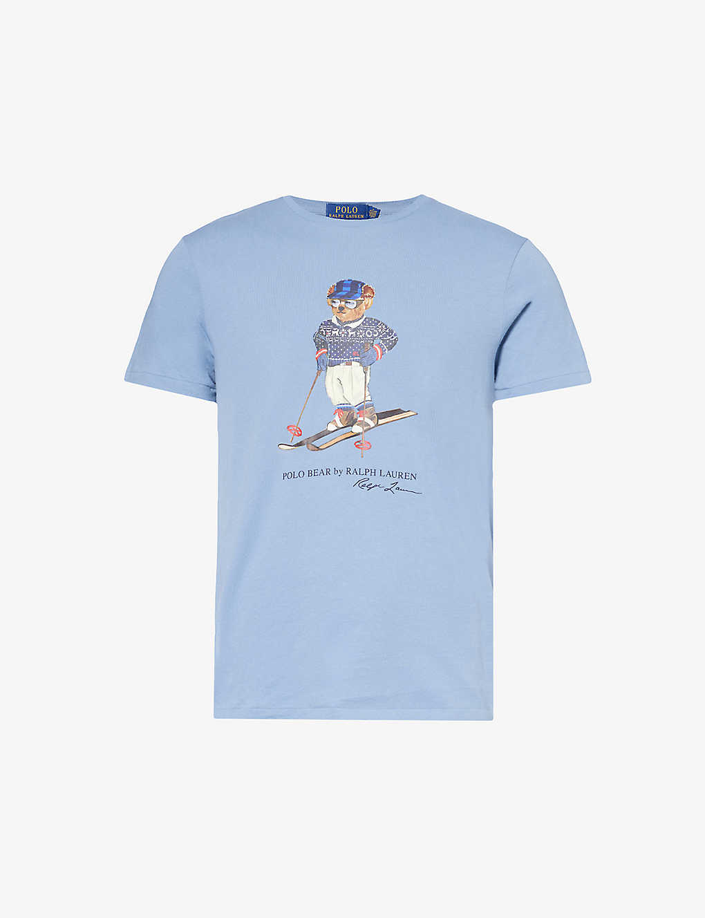 Polo Ralph Lauren Mens Channel Blue Ski Bear Skiing Bear-print Short-sleeve Cotton-jersey T-shirt