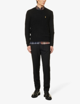 Shop Polo Ralph Lauren Mens Polo Black Brand-embroidered Cable-knit Wool And Cashmere-blend Jumper