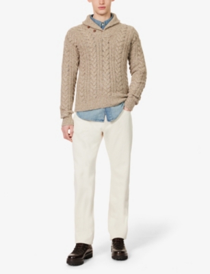 Shop Polo Ralph Lauren Men's Bark Donegal Shawl-collar Cable Recycled Wool And Nylon-blend Knitted Jumper In Brown