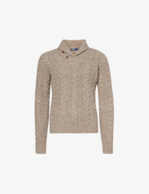 Polo Ralph Lauren Mens Bark Donegal Shawl-collar Cable Recycled Wool And Nylon-blend Knitted Jumper In Brown
