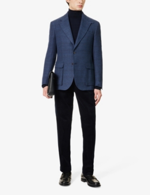 Shop Polo Ralph Lauren Glenplaid Regular-fit Notched-lapel Linen And Wool-blend Jacket In Navy