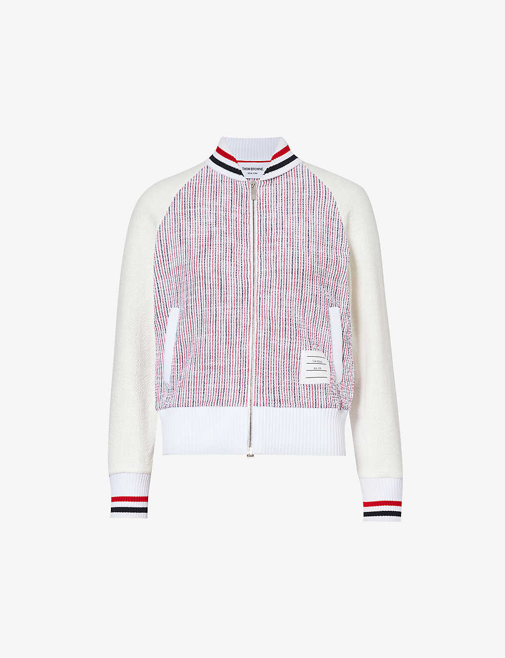 Shop Thom Browne Brand-appliqué Striped Cotton-blend Bomber Jacket In Rwbwht