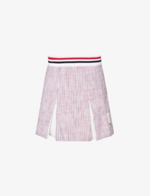 THOM BROWNE: Striped-waistband pleated mid-rise cotton-blend mini skirt