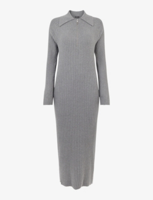 Whistles Bonnie Ribbed Knitted Midi Dress In Grey