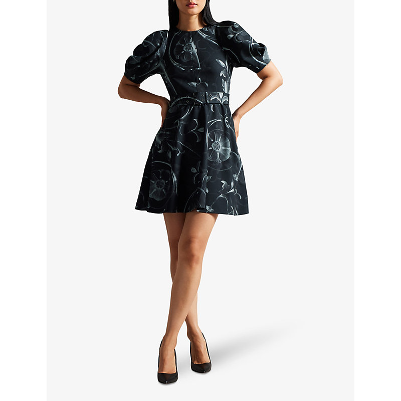 Shop Ted Baker Saaraih Floral-print Stretch-woven Mini Dress In Black