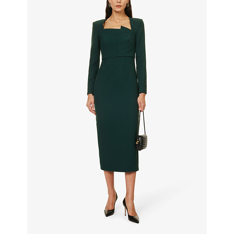 Shop Roland Mouret Women's Green Square-neck Zipped-cuff Stretch-woven Blend Midi Dress