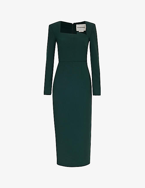 ROLAND MOURET: Square-neck zipped-cuff stretch-woven blend midi dress