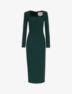 Roland Mouret Womens Green Square-neck Zipped-cuff Stretch-woven Blend Midi Dress
