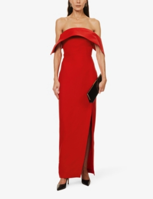 Shop Roland Mouret Women's Red Asymmetric-neck Split-hem Wool And Silk-blend Maxi Dress