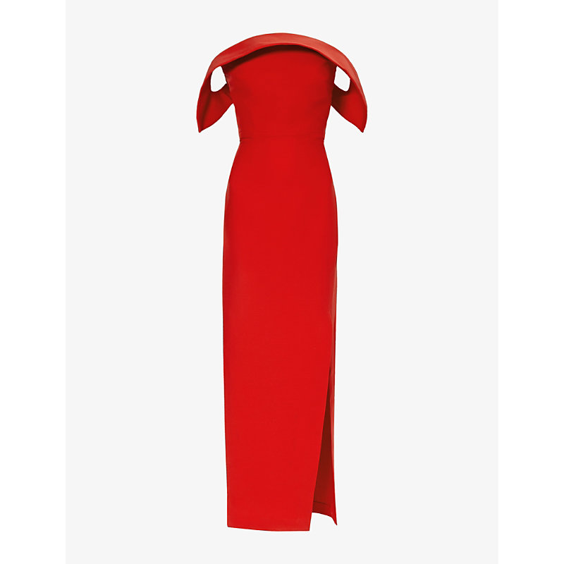 Roland Mouret Womens Red Asymmetric-neck Split-hem Wool And Silk-blend Maxi Dress