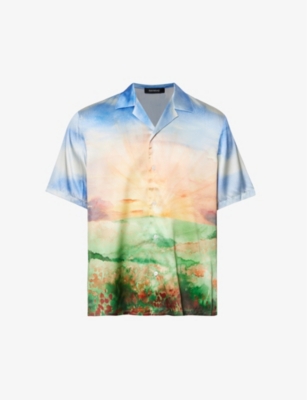Nahmias Mens Landscape Poppies Graphic-print Camp-collar Regular-fit Stretch-silk Shirt In Blue