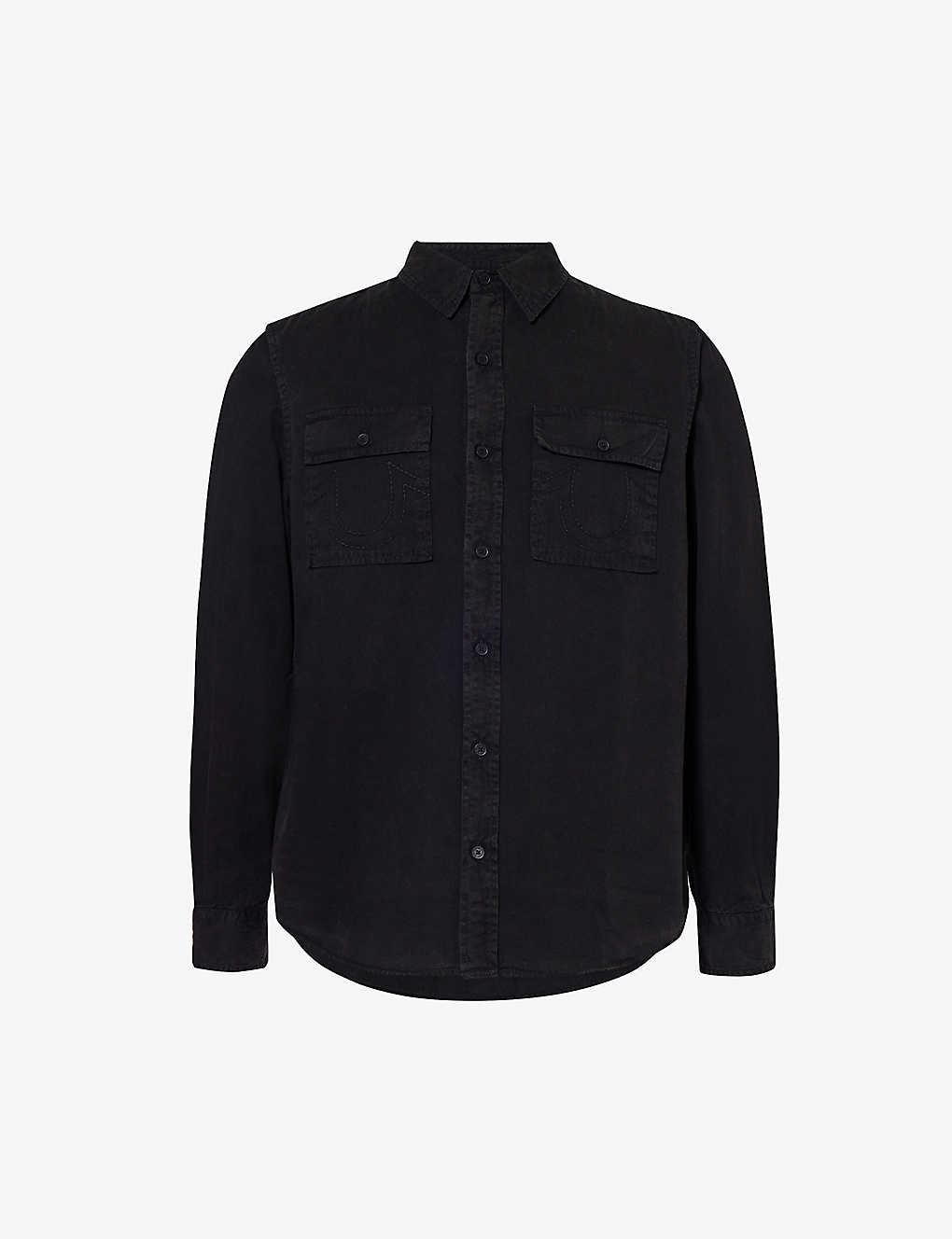 True Religion Mens Jet Black Brand-embroidered Flap-pocket Cotton Shirt