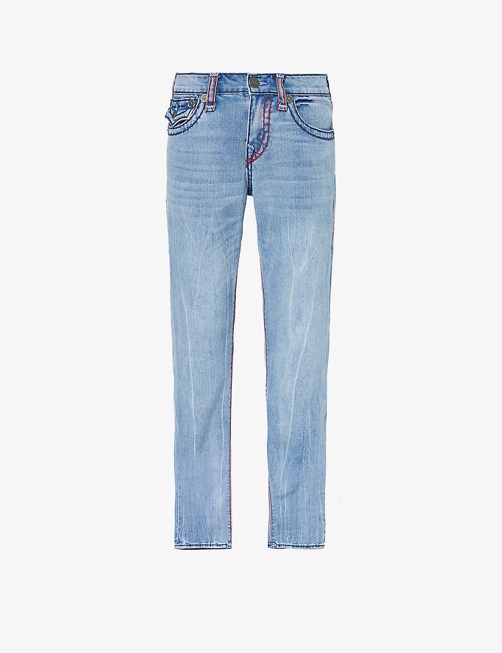 True Religion Mens Medium Wash Ricky Tapered-leg Mid-rise Denim-blend Jeans In Blue