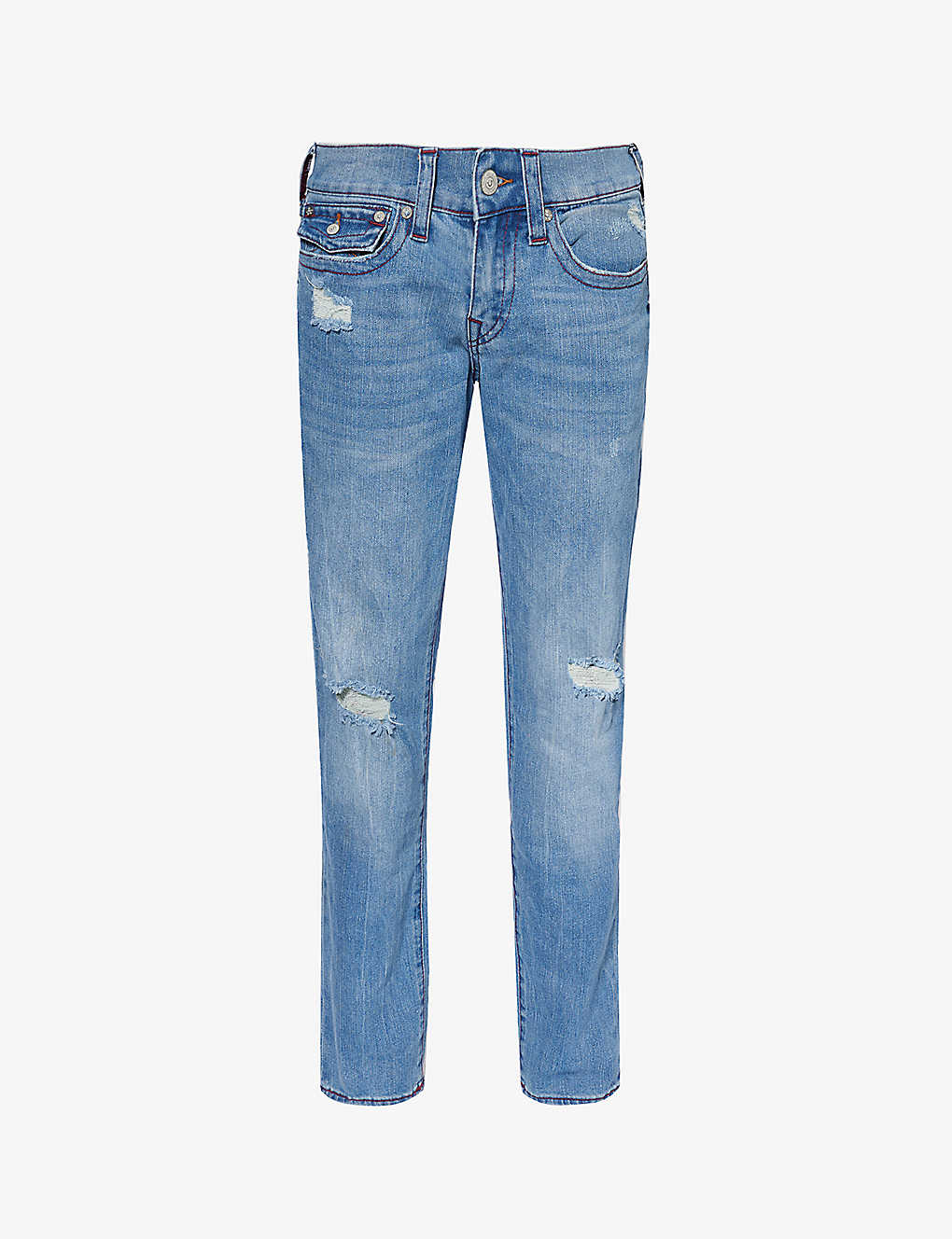 True Religion Mens Medium Wash Geno Distressed Slim-leg Mid-rise Denim-blend Jeans In Blue