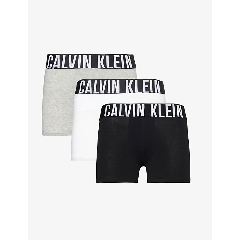 Calvin Klein Logo-waistband Pack Of Three Recycled Cotton-blend Trunks In Blk,grey Heather,wht