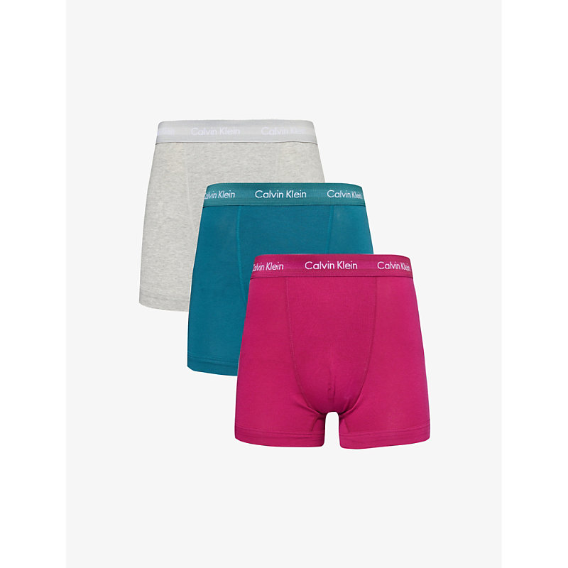 Calvin Klein Logo-waistband Pack Of Three Stretch-cotton Trunks In Grey,chesa Bay,jewel
