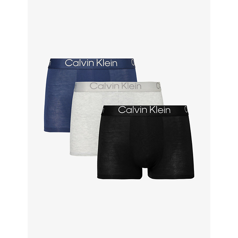 Calvin Klein Logo-waistband Pack Of Three Stretch-woven Trunks In Black,blue,grey