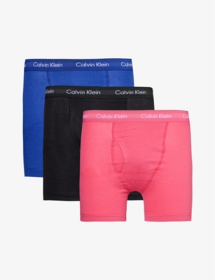 Shop Calvin Klein Men's Wflower,haway Blue, Blk Branded-waistband Mid-rise Pack Of Three Stretch-cotton B