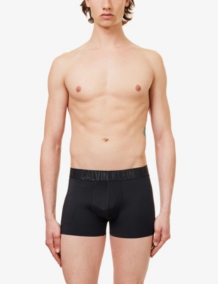 Shop Calvin Klein Logo-waistband Stretch-woven Trunks In Black