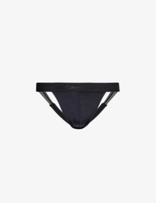 Shop Calvin Klein Men's Black Branded-waistband Mid-rise Stretch-woven Jockstrap