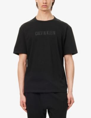 Shop Calvin Klein Mens  Logo-print Crewneck Cotton-jersey T-shirt In Black